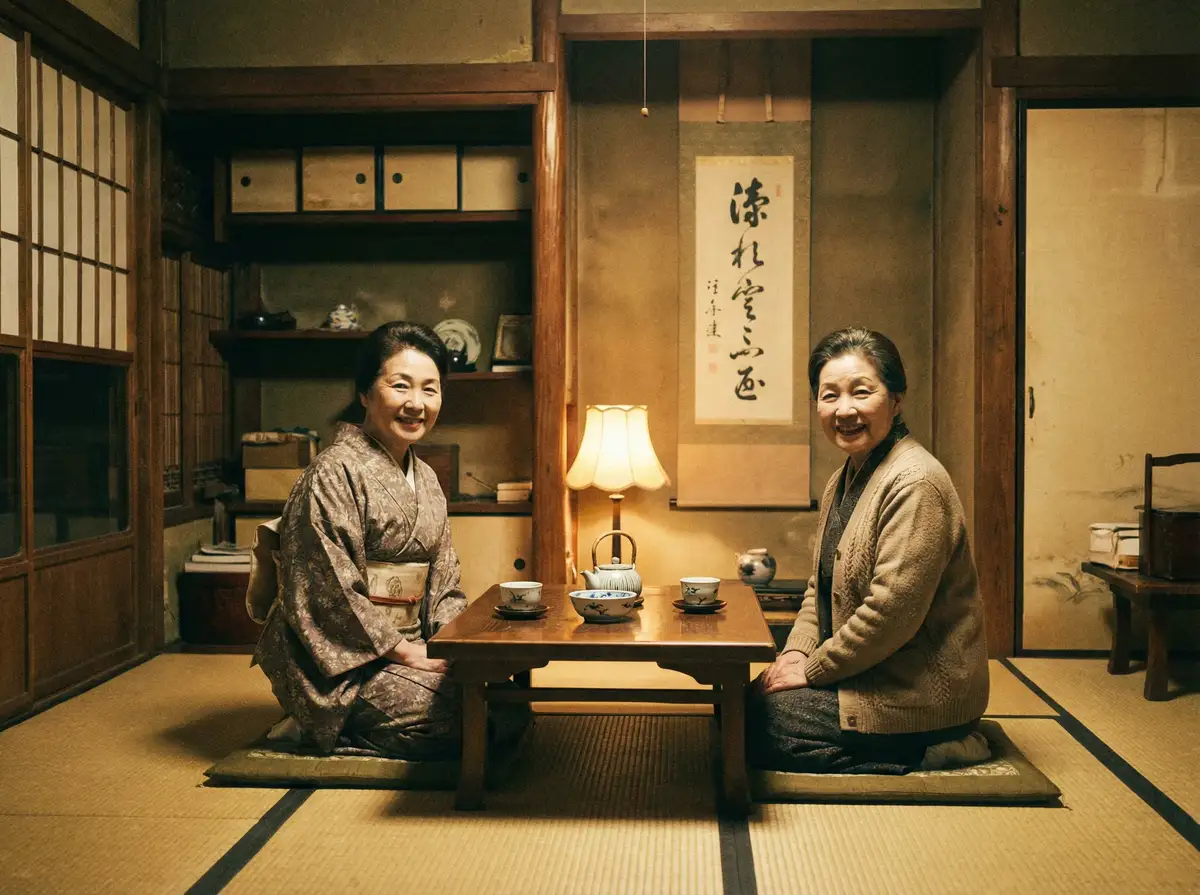 两位优雅的 色天堂下载 在日式茶室中品茶交谈
